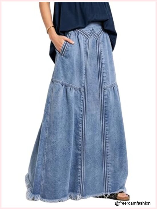 Dresses & Skirts - Women's High Waist A-Line Frayed Maxi Denim Skirt with Pockets
